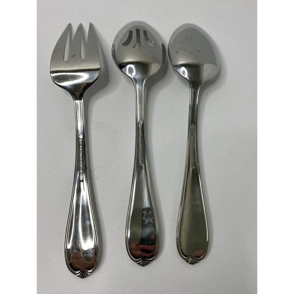 Reed & Barton Ribbon Crest Glossy Stainless Serving Spoons & Meat Fork